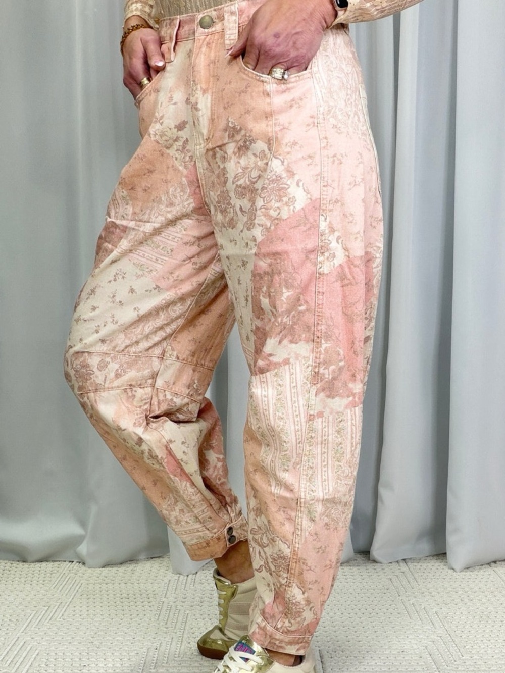 easel Pink & Cream Patchwork Floral Joggers with Ankle Cuffs